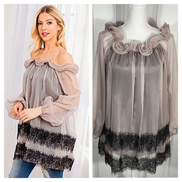 Ryu Mauve Ruffled Neck Flowy Tunic Long Top Blouse w/ Black Floral Lace - Picture 1 of 17